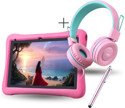 Complete Set – Tablet voor Kinderen vanaf 3 jaar met Kinderkoptelefoon 85dB – Kinder Koptelefoon Roze / Unicorn-Bubblegum – 96GB – Kindertablet 10 inch - Ouderlijk Toezicht – WiseQ