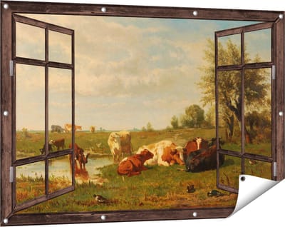Gards Tuinposter Doorkijk Koeien in de Weide - Gerard Bilders - 120x80 cm - Tuindoek - Tuindecoratie - Wanddecoratie buiten - Tuinschilderij