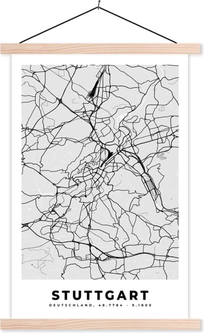 Posterhanger incl. Poster 40x60 cm - Schoolplaat - Duitsland - Stadskaart - Plattegrond - Stuttgart - Kaart - Textielposter - Blanke latten - Stadskaart