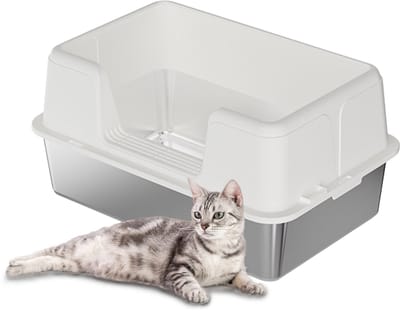 RVS kattenbak - Extra grote metalen kattenbak met hoge randen - geurcontrole - antislip pootjes & schepje - makkelijk te reinigen - 60x40x37 cm - wit