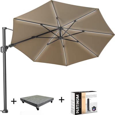 Challenger T2 glow zweefparasol 350 cm rond taupe met 90KG voet en hoes