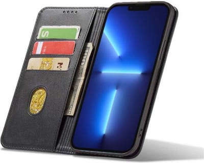 Smartphonica iPhone 13 Pro kunstleren hoesje met magnetische sluiting en pashouders book case - Zwart geschikt voor iPhone 13 Pro