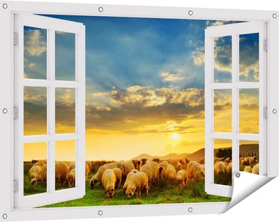 Gards Tuinposter Doorkijk Kudde Schapen op het Gras bij Zonsondergang - 120x80 cm - Tuindoek - Tuindecoratie - Wanddecoratie buiten - Tuinschilderij