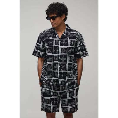 Geborduurd Tegelpatroon Oversized Shirt & Relaxed Short Set | Black | Size XS
