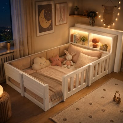 Kinderbed 90x200 cm - Eenpersoonsbed - Vloerbed - Multifunctioneel bed - Met veiligheidsleuning - Met led-lichtstrip - Hoofdbord met opbergruimte - Met een gewatteerde rugleuning - Wit