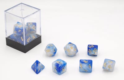 HOT Games dobbelstenen set blauw-wit 7 stuks kunststof brick.