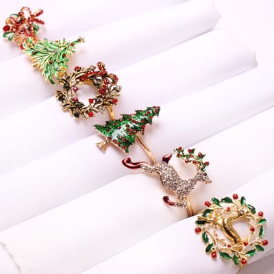 Kerst servetringen set 6 stuks - Met kerstboom, rendier en krans ontwerp - Servethouders voor kerstdiner en feestelijke tafeldecoratie