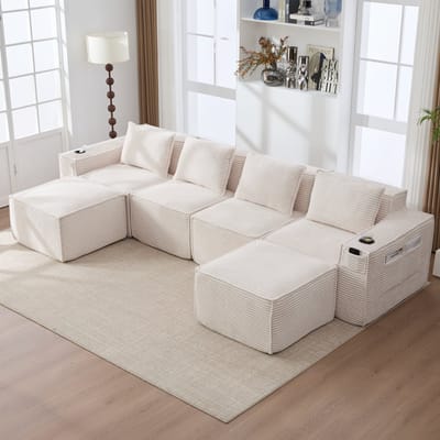 Moderne Hoekbank, U-Bank, 4-Zitsbank, Modulaire Corduroy Bank Voor 4 Personen Met 2 Voetenbankjes, Bekerhouders En Zijvakken: Verende Kern En Schuim Met Hoge Dichtheid – Vormvast, Gecomprimeerd Verpakt, Geen Montage Nodig-Beige