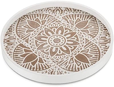 PromoHome Ronde Houten Dienblad - Rustieke Witte Decoratieve Salontafel Lade