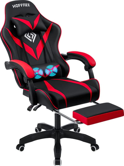 Gamingstoel bureaustoel met voetsteun, massage stoel in hoogte verstelbaar, tot 90 kg - Rood