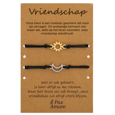 Vriendschapsarmbandjes voor 2 "Vriendschap" - Zon & Maan - BFF Armbandjes met Cadeau Kaartje - Goudkleurig & Zilverkleurig - Elastisch Verstelbaar - Pax Amare