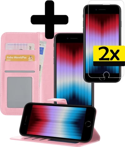 Hoesje - Met 2x Screenprotector - Geschikt voor Apple iPhone SE (2022) - Luxe Pasjeshouder - Bookcase Portemonee - Flip Case - Kunstleer Book Case - Flipcase Hoes - Book Cover - Walletcase - Portemonneehoes - Telefoonhoesjes - Lichtroze