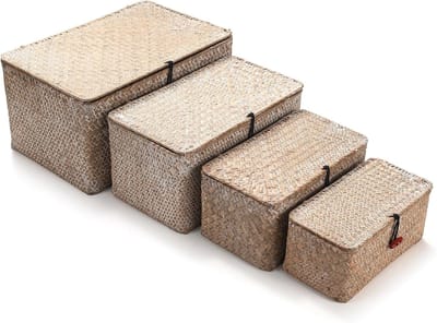 Famanu - Rieten Opbergmanden met Deksel Set, set van 4 natuurlijke zeegras manden voor plankorganisatie, kledingkasten, dressoirs en woondecoratie
