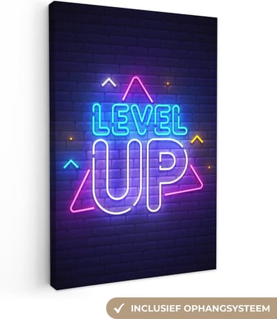 Canvas schilderij 20x30 cm - Wanddecoratie Gaming - Neon - Level Up - Quotes - Gamen - Muurdecoratie game room - Gaming kamer decoratie - Gameroom accessoires - Schilderijen
