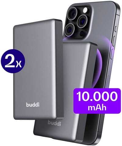 Buddi Connect Duo Pack 10.000mAh Magnetische Draadloze Powerbank - Compatibel met MagSafe - 20W USB-C Snelladen - Reisformaat - Ultra Dun - Compact - Externe Wireless Batterij Zwart