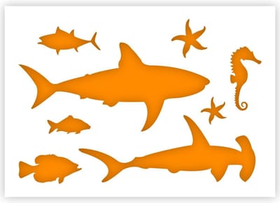 QBIX Zeedieren Sjabloon - A3 Formaat - Kunststof - Vis, Haai, Zeester, Zeepaardje Stencil