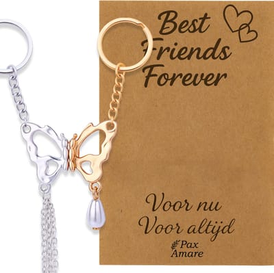 BFF Sleutelhanger voor 2 'Best Friends Forever' - Vlinder - Sleutelhangers op Cadeau Kaartje - Goudkleurig & Zilverkleurig - Vriendschap Symbool - Pax Amare
