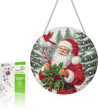 5D DIY Kerst Diamant Schilderen Hanger Kits met Ketting, Santa Claus Pendant Set voor Deur, Raam, Muur en Tuin Decoratie, Thuis Versiering en Creatieve Hobby