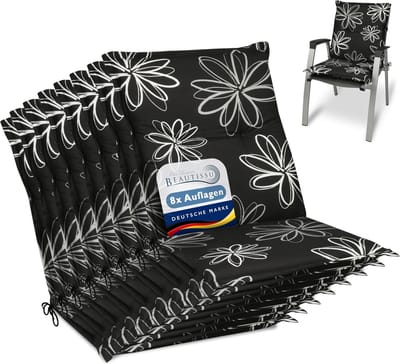 Beautissu Flores – Set van 8 Tuinkussens Hoge Rug 100x50x6 cm Zitkussen Tuinstoel UV-lichtecht Tuinstoelkussens Zwart Kussen met Print
