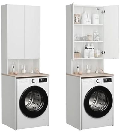 Wasmachinekast voor Badkamer of Keuken - Hoge Kast met Bovenbouw voor Wasmachine en Wasdroger - Wit en Eiken - 210 x 65 x 50/25 cm