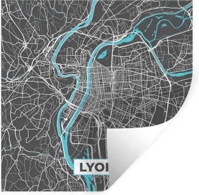 Muurstickers - Sticker Folie - Lyon - Kaart - Stadskaart - Plattegrond - Frankrijk - 100x100 cm - Plakfolie - Muurstickers Kinderkamer - Zelfklevend Behang XXL - Zelfklevend behangpapier - Stickerfolie