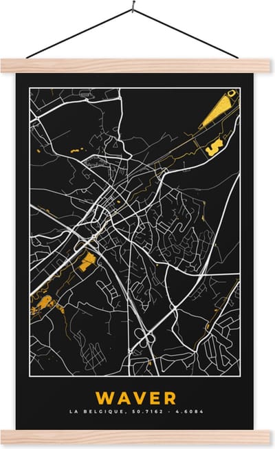 Posterhanger incl. Poster 40x60 cm - Schoolplaat - Plattegrond - Waver - Kaart - Goud - Stadskaart - Textielposter - Blanke latten - Stadskaart