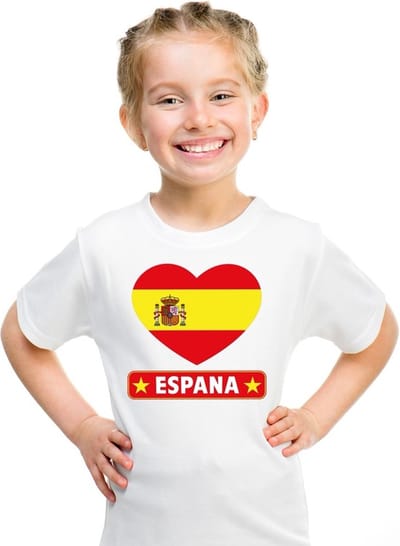 Spanje Supporters t-shirt - kinderen - hartjes vlag - wit - korte mouwen - sport - kleding 110/116