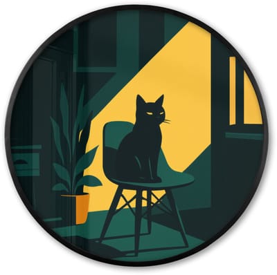 Poster in lijst Rond - Fotolijst 60x60 cm - Posters - Zwarte kat - Mysterieus - Gele instraal - Ronde posterlijst zwart - Decoratie - Wanddecoratie woonkamer - Muurdecoratie slaapkamer