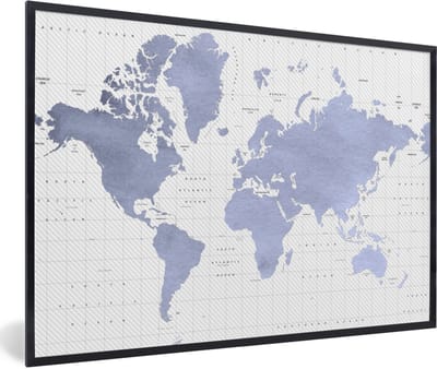 Poster in lijst - Fotolijst 90x60 cm - Posters - Wereldkaart - Blauw - Zee - Posterlijst zwart - Decoratie - Wanddecoratie woonkamer - Muurdecoratie slaapkamer