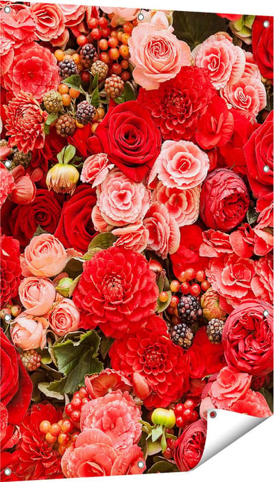 Gards Tuinposter Rode en Roze Bloemen met Fruit - Abstract - 80x120 cm - Tuindoek - Tuindecoratie - Wanddecoratie buiten - Tuinschilderij