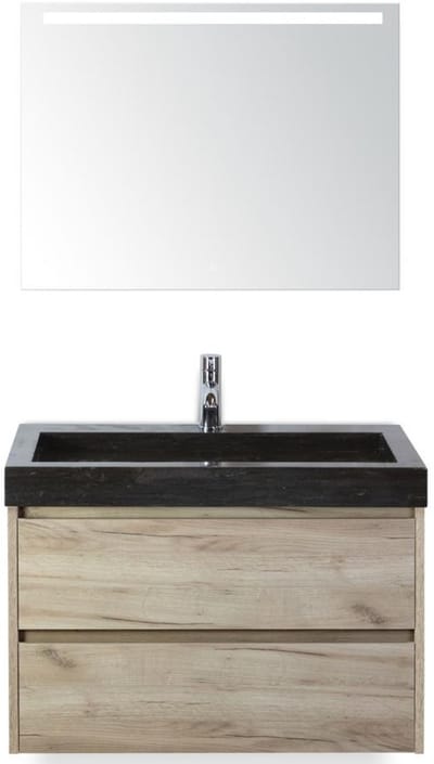 Dante Badmeubelset 80 cm - Craft Oak - Wastafel Hardsteen Wit Lucca met Sence Spiegel