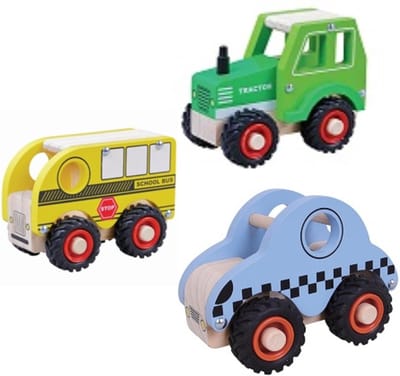 Playwood voertuigen rubber wielen tractor-taxi en schoolbus u krijgt 3 assorti geleverd.