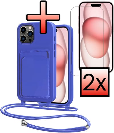 Hoes Geschikt voor iPhone 14 Pro Hoesje Pasjeshouder Cover Met Koord Case Siliconen Hoes Met Telefoonkoord en Kaarthouder Met 2x Screenprotector - Felblauw