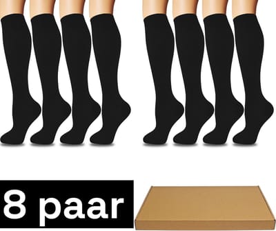 Dutchers® Compressiesokken – 8 Paar Uniseks Kniehoog – Zwart - Sportsokken Hoog - Voetbalsokken - Steunsokken – Ademend, Geurwerend & Zweetabsorberend – Elastische Steunkousen voor Dagelijks Gebruik & Sport