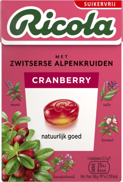 Ricola Keelpastilles Cranberry Suikervrij