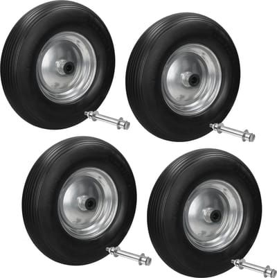 Set van 4 kruiwagenwielen 390 mm 4.80/4.00-8 met as, gestreept profiel, zwart, van PU-massief rubber