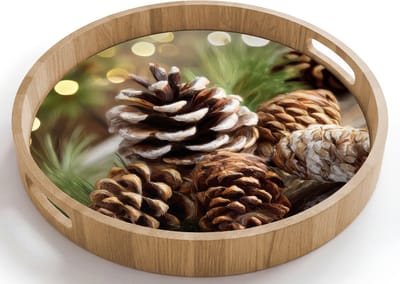 Dienblad rond 40x40 cm - Schootdienblad hout - Dennenappels - Kerstsfeer - Bruin - Groen - Borrelplank rechthoek - Plateau houten dienbladen