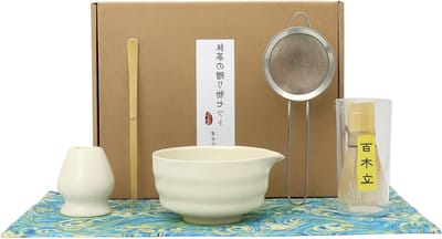 Matcha Theeset 6 Delen - Japanse Klopper Kit met Keramische Kom, Schep, Houder, Zeef en Golfmat - Perfect Cadeau voor Theeceremonie, Beginners en Wellness Rituelen