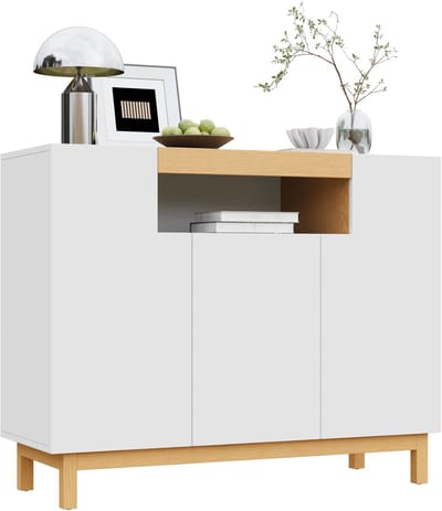 Sideboard - Wit met houtlook - 3 deuren, open middenvak - Duurzaam spaanplaat, strak design - Geschikt voor woonkamer, eetkamer, slaapkamer en hal