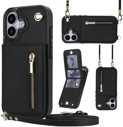 Multimedia & Accessoires Stijlvolle Leren Fashion Backcover Case Hoesje met Koord, Stand Ritsvak en Pasjeshouders geschikt voor Apple iPhone 17 - Zwart