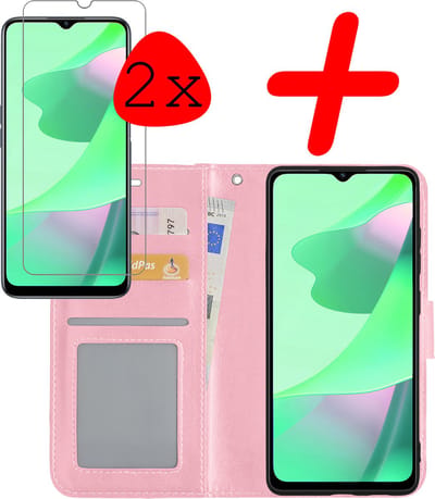 Hoesje Met 2x Screenprotector - Geschikt voor OPPO A16s - Luxe Pasjeshouder - Bookcase Portemonee - Flip Case - Kunstleer Book Case - Flipcase Hoes - Book Cover - Walletcase - Portemonneehoes - Lichtroze