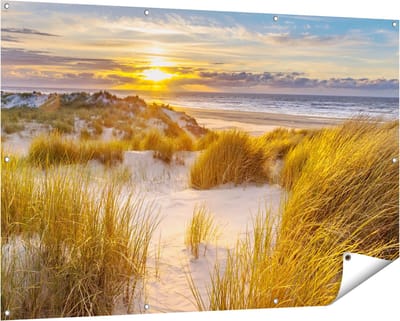 Gards Tuinposter Strand en Duinen tijdens Zonsondergang - 150x100 cm - Tuindoek - Tuindecoratie - Wanddecoratie buiten - Tuinschilderij