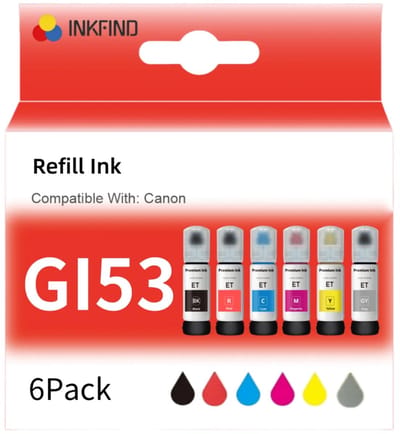 INKFIND GI53 inkt geschikt voor CanonGI53 CanonGI-53 Canon GI53 Canon GI-53 Megatank 6-kleuren multipack voor Canon Pixma G550 G650 G750 G850 G950 G1050