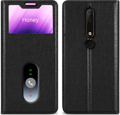 Cadorabo Hoesje geschikt voor Nokia 6,1 in KOMEET ZWART - Beschermhoes met magnetische sluiting, standfunctie en 2 kijkvensters Book Case Cover Etui