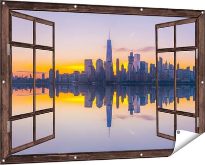 Gards Tuinposter Doorkijk New York Skyline bij Zonsopgang - 150x100 cm - Tuindoek - Tuindecoratie - Wanddecoratie buiten - Tuinschilderij