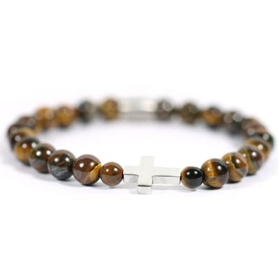 Heren armband RVS kruis edelsteen tijgeroog kralen - IbizaMen -19cm