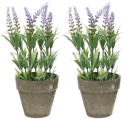 Bellatio Lavendel kunstplant - 2x - lila - 25 cm - in betonlook potje - Kunstplanten - nepplanten