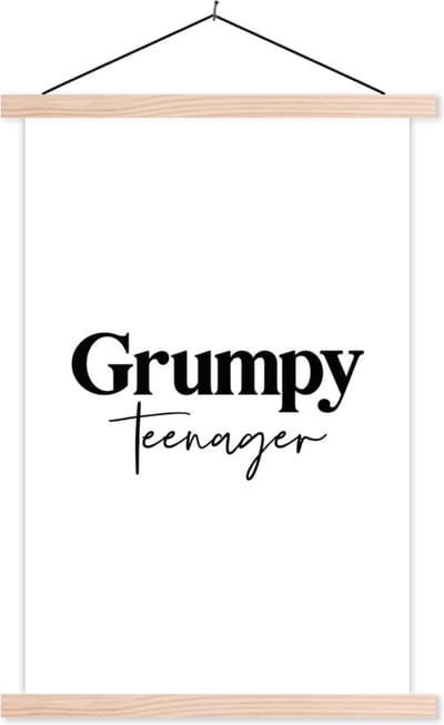 Posterhanger incl. Poster 40x60 cm - Schoolplaat - Kinderen - Quotes - Zwart - Wit - Grumpy teenager - Textielposter - Blanke latten