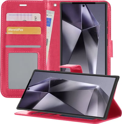 Hoesje - Geschikt voor Samsung Galaxy S24 Ultra - Luxe Bookcase - Walletcase Hoes - Portemonnee - Cover - Telefoonhoes - Donkerroze