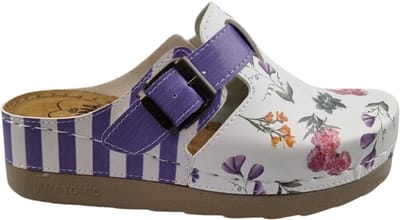 Dina Medische klompen met gesp - Werkklompen - Zorgklompen - PU klompen - Ziekenhuis klompen - Dames klompen - Purple stripes and flowers - maat 36